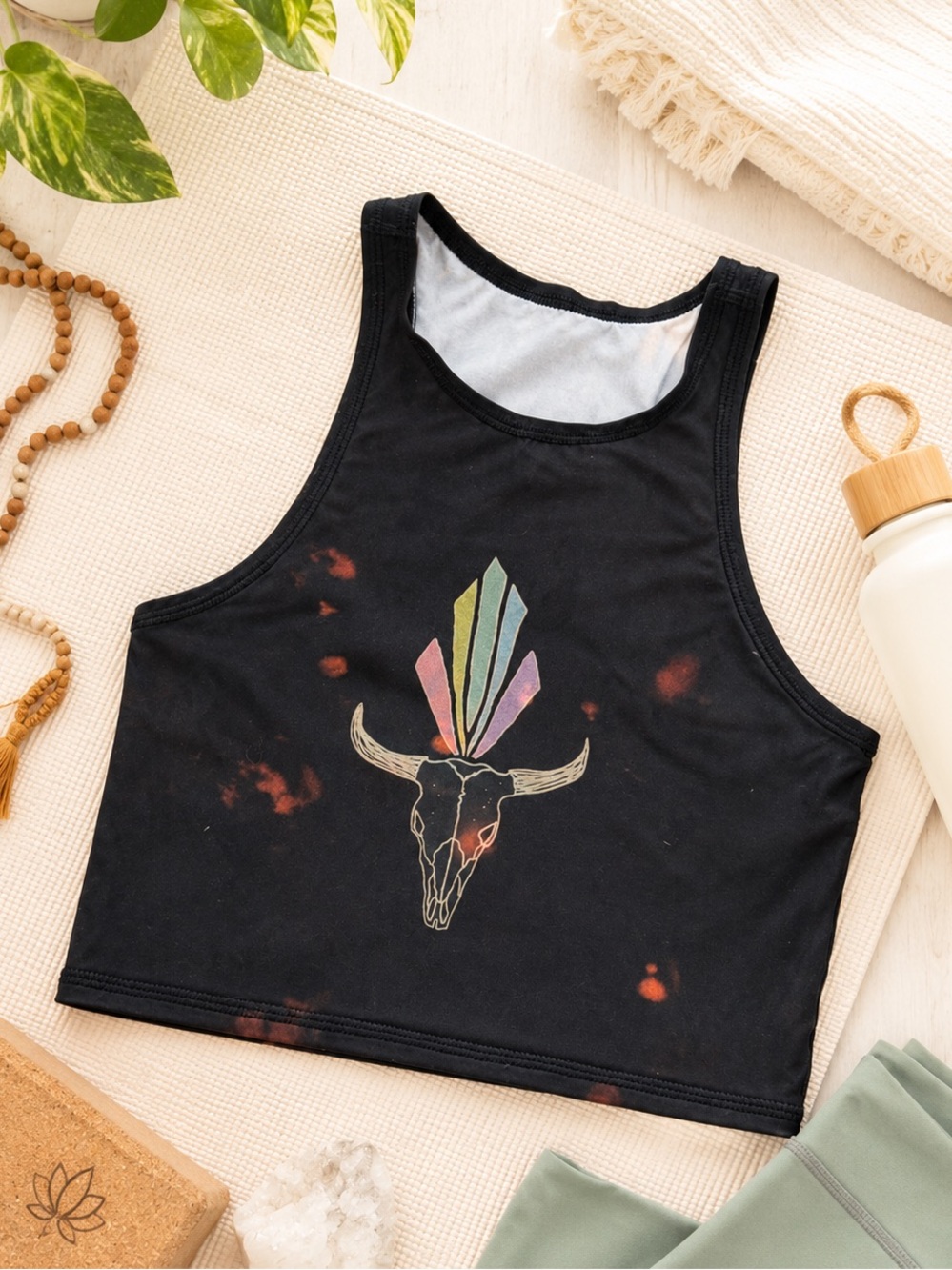 Teeki Black Bleached Crop Tank Bull Skull Crystal Graphic XS/S